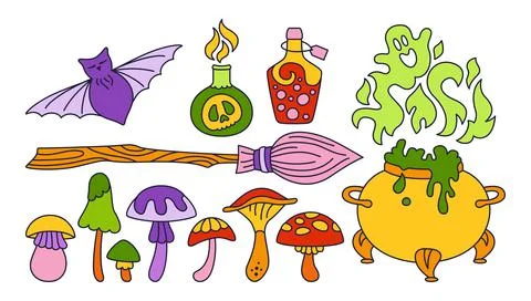 Magic Halloween set witch bright comic drawing Stock Illustration