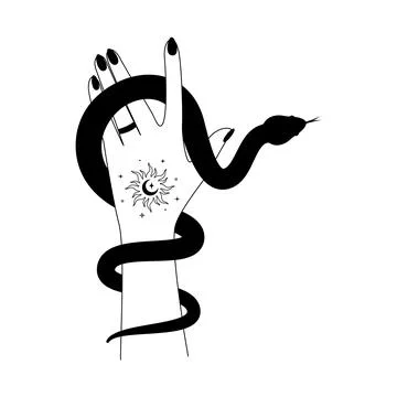 Magic hand and celestial snake outline. Spiritual elegant symbol for branding Stock Illustration