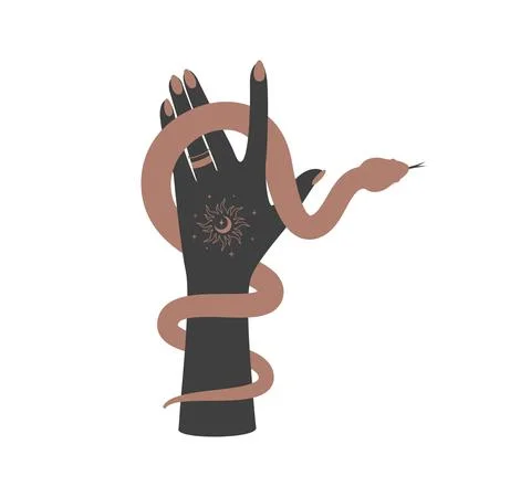 Magic hand and celestial snake. Spiritual elegant symbol for branding name logo Stock Illustration