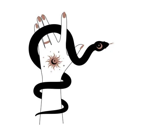 Magic hand and celestial snake outline style. Spiritual elegant symbol for Stock Illustration