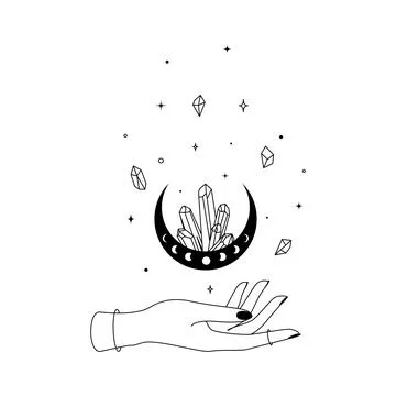 Magic hand with crescent moon with crystal in trendy boho line style. Outline Stock Illustration