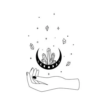 Magic hand with crescent moon with crystal in trendy boho line style. Outline Stock Illustration