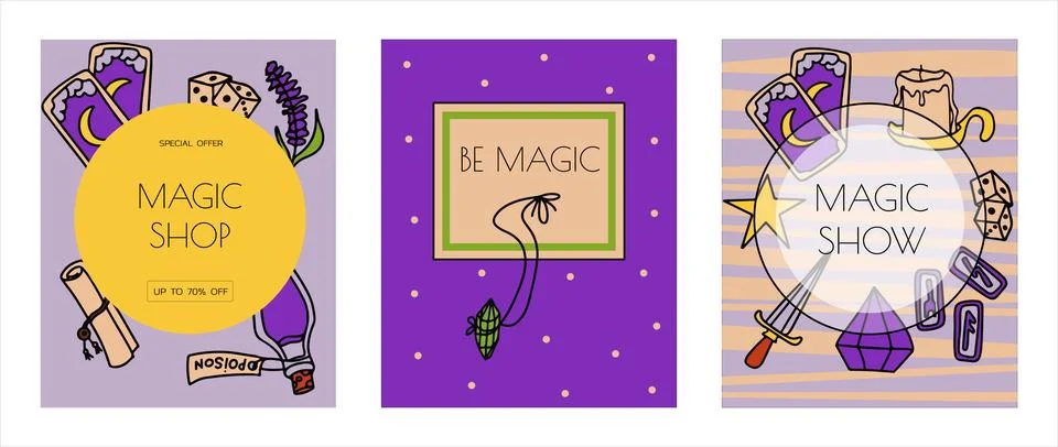 Magic hand drawn doodle banners. Vector icons of magic items. Collection Stock Illustration