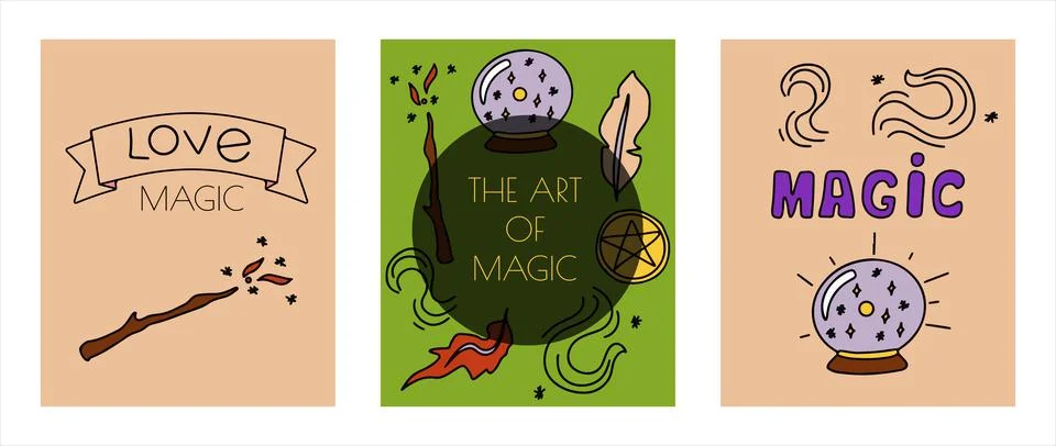 Magic hand drawn doodle banners. Vector icons of magic items. Collection Stock Illustration