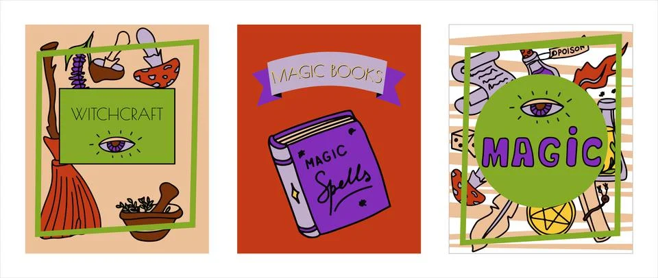 Magic hand drawn doodle banners. Vector icons of magic items. Collection Stock Illustration