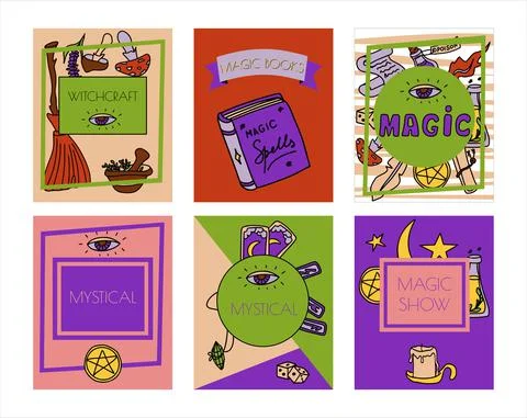Magic hand drawn doodle banners. Vector icons of magic items. Collection Stock Illustration