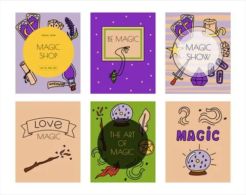 Magic hand drawn doodle banners. Vector icons of magic items. Collection Stock Illustration