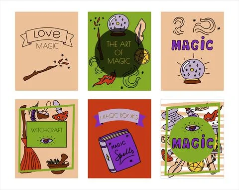 Magic hand drawn doodle banners. Vector icons of magic items. Collection Illustrazione stock