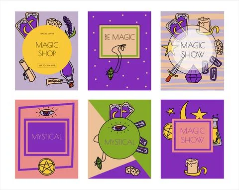 Magic hand drawn doodle banners. Vector icons of magic items. Collection Stock Illustration