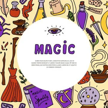 Magic hand drawn doodle banners. Vector icons of magic items. Collection Stock Illustration