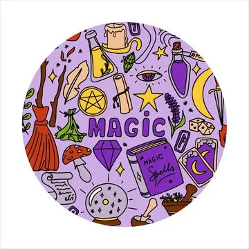 Magic hand drawn doodle banners. Vector icons of magic items. Collection Stock Illustration
