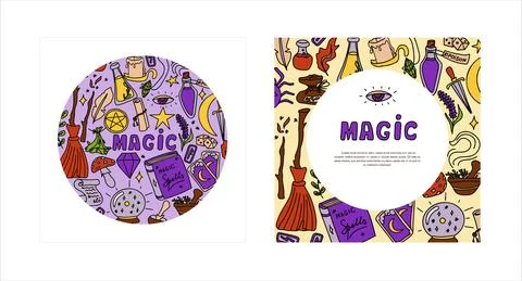 Magic hand drawn doodle banners. Vector icons of magic items. Collection Stock Illustration