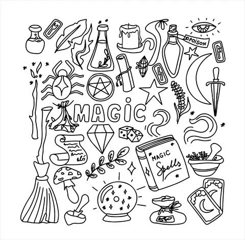 Magic hand drawn doodle set. Vector icons of magic items. Collection halloween Stock Illustration