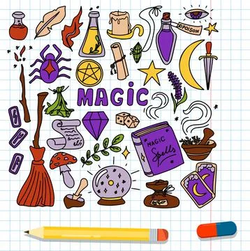 Magic hand drawn doodle set. Vector icons of magic items. Collection halloween Stock Illustration