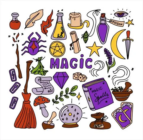 Magic hand drawn doodle set. Vector icons of magic items. Collection halloween Stock Illustration