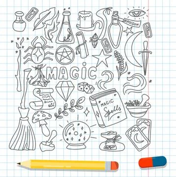 Magic hand drawn doodle set. Vector icons of magic items. Collection halloween Stock Illustration