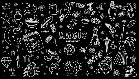 Magic hand drawn doodle set. Vector icons of magic items. Collection halloween Stock Illustration