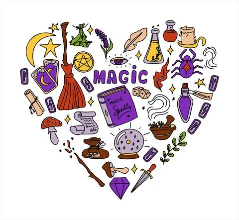 Magic hand drawn doodle set. Vector icons of magic items. Collection halloween 库存插图