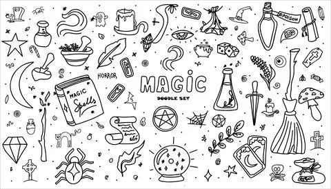 Magic hand drawn doodle set. Vector icons of magic items. Collection halloween Stock Illustration