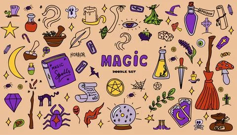 Magic hand drawn doodle set. Vector icons of magic items. Collection halloween Stock Illustration