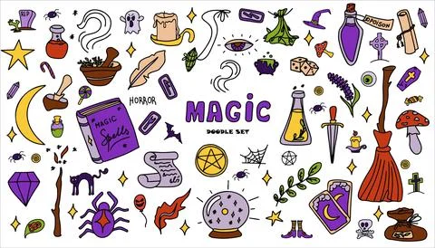 Magic hand drawn doodle set. Vector icons of magic items. Collection halloween Illustrazione stock