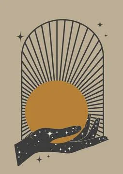 Magic hand holding sun witchcraft poster illustration. Vintage mystical style Stock Illustration