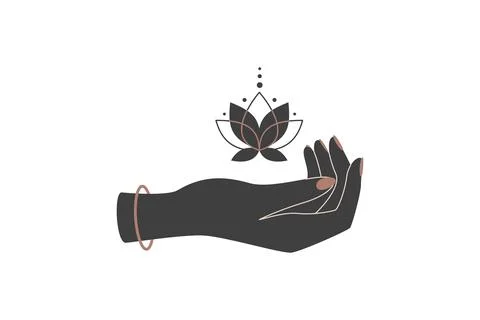 Magic hand with lotus flower in boho style. Black and gold colored alchemy Stock Illustration