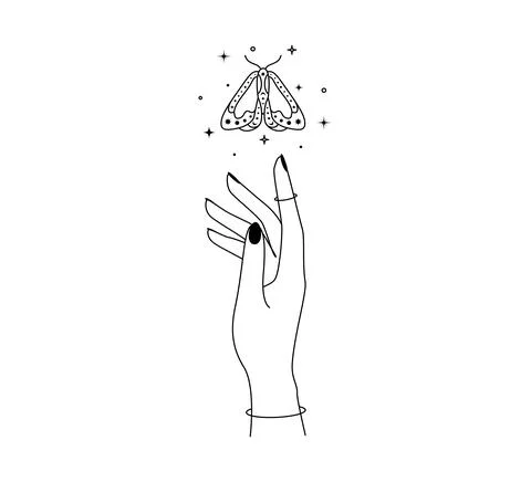 Magic hand with night moth outline. Esoteric butterfly wings for branding or Stock Illustration