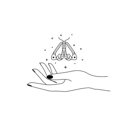 Magic hand with night moth outline. Mystical butterfly wings for branding or Stock Illustration