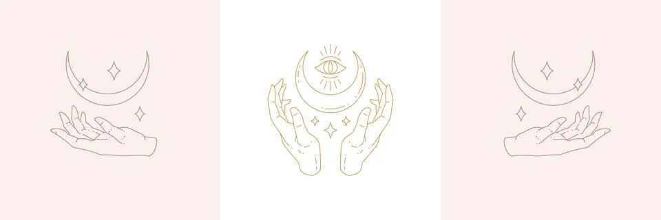 Magic hands and moon crescent in boho linear style vector illustrations set. Stock Illustration