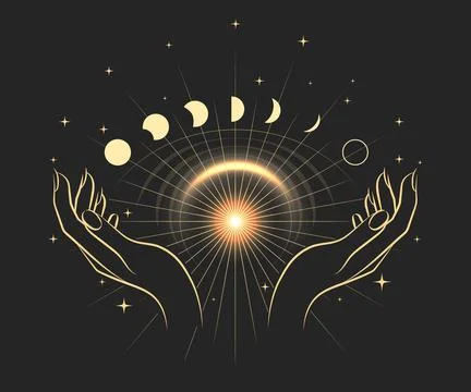 Magic Hands and Moon Phases Esoteric Illustration Stock Illustration