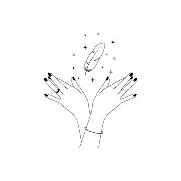 Magic hands with celestial bird feather in simple line art style. Esoteric and Stock Illustration