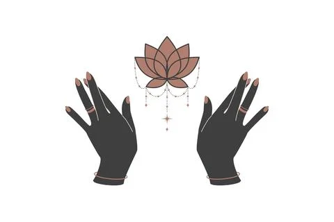 Magic hands with Celestial lotus flower in trendy boho style. Black and gold Stock Illustration