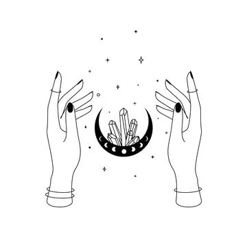 Magic hands with crescent moon and crystal in trendy boho line style. Outline Stock Illustration