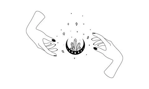 Magic hands with crescent moon and healing crystal in trendy boho line style Stock Illustration