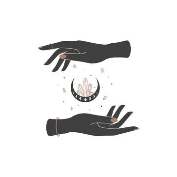 Magic hands with crescent moon with healing crystal in trendy boho style Stock Illustration