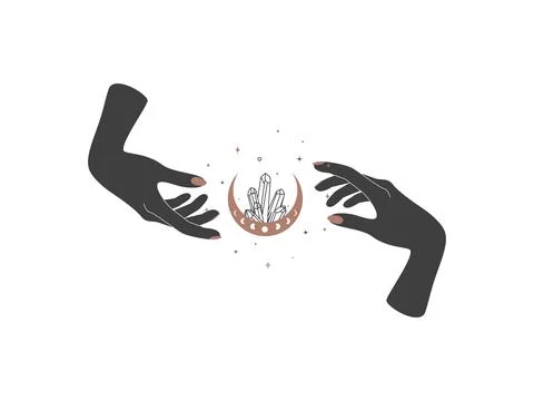 Magic hands with crescent moon with healing crystal in trendy boho style Stock Illustration