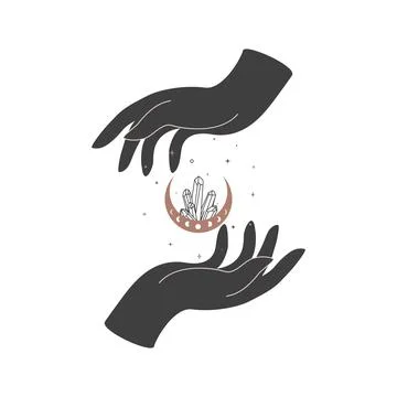 Magic hands with crescent moon with healing crystal in trendy boho style Stock Illustration
