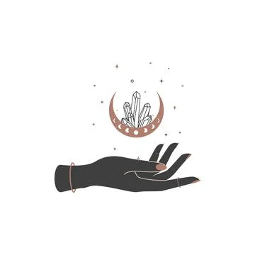 Magic hands with crescent moon with healing crystal in trendy boho style Stock Illustration