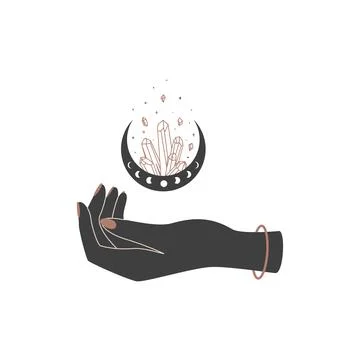Magic hands with crescent moon with healing crystal in trendy boho style Stock Illustration