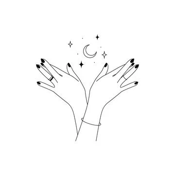 Magic hands with crescent moon in trendy linear minimal style. Logo and icons Stock Illustration