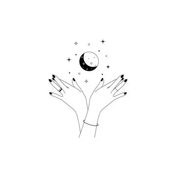 Magic hands with crescent moon in trendy linear style. Logo and icons design Stock Illustration
