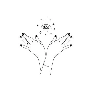Magic hands with eye in in simple line art style. Esoteric and mystical Vision Stock Illustration