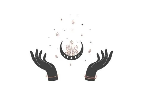 Magic hands with moon and healing crystal in trendy boho style. Alchemy symbol Stock Illustration
