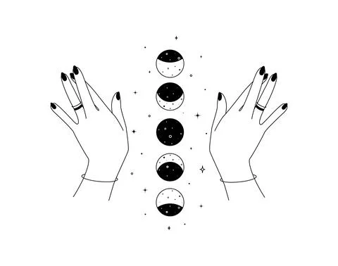Magic hands with moon phases in thin linear style. Crescent icon design template Stock Illustration