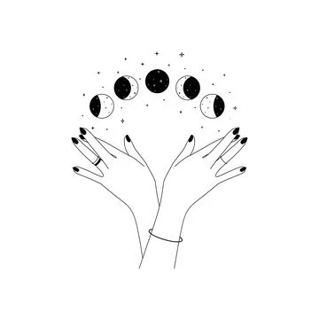 Magic hands with moon phases in trendy linear style. Logo and icons design Stock Illustration