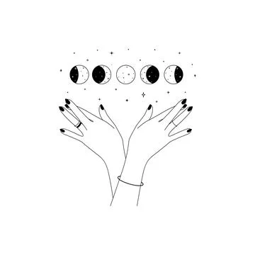 Magic hands with moon phases in trendy linear style. Logo and icons design Stock Illustration