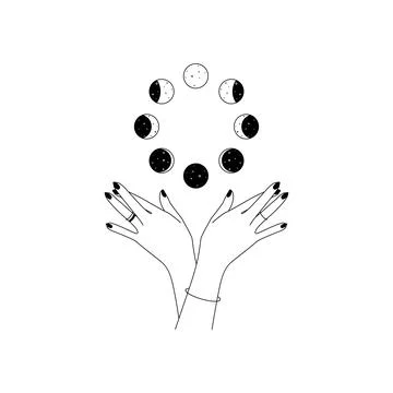 Magic hands with moon phases in trendy linear style. Logo and icons design Stock Illustration