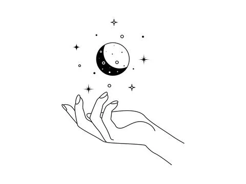 Magic hands with moon phases in trendy linear style. Logo and icons design Stock Illustration