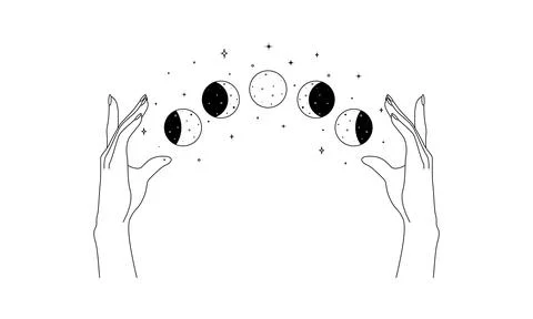 Magic hands with moon phases in trendy linear style. Logo and icons design Stock Illustration